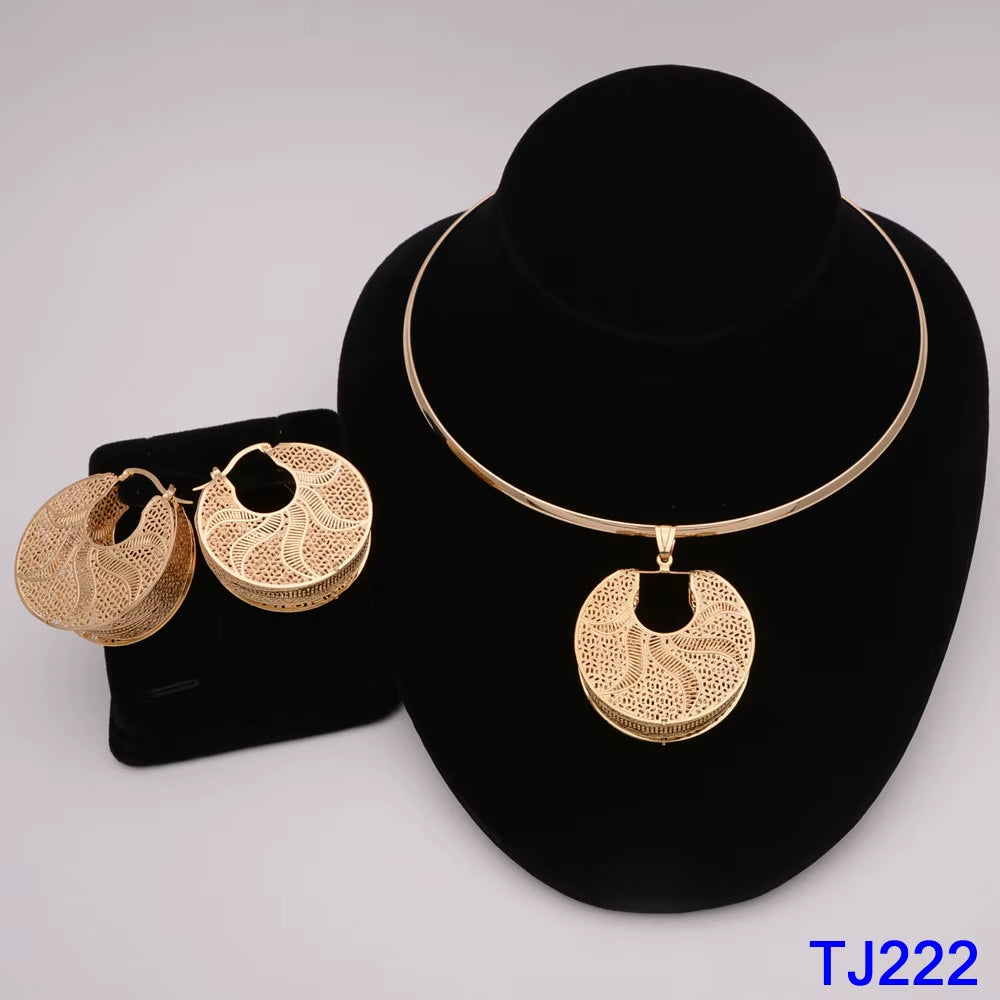 Dubai Jewelry Set for Women Yellow Gold Color Luxury Big Flower Pendant Necklace & Earrings Weddings Party African Set Accessory