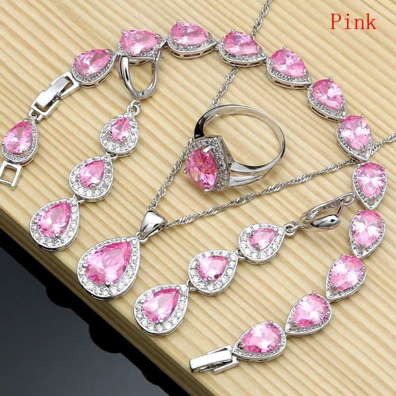 Elegant Water Drop Silver 925 Jewelry Set with Red Ruby and White Topaz for Women - Includes Long Earrings, Pendant, Necklace, Rings, and Bracelet - Dropshipping Available