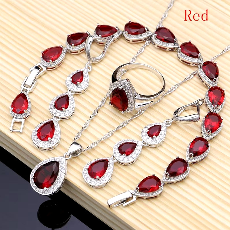 Elegant Water Drop Silver 925 Jewelry Set with Red Ruby and White Topaz for Women - Includes Long Earrings, Pendant, Necklace, Rings, and Bracelet - Dropshipping Available