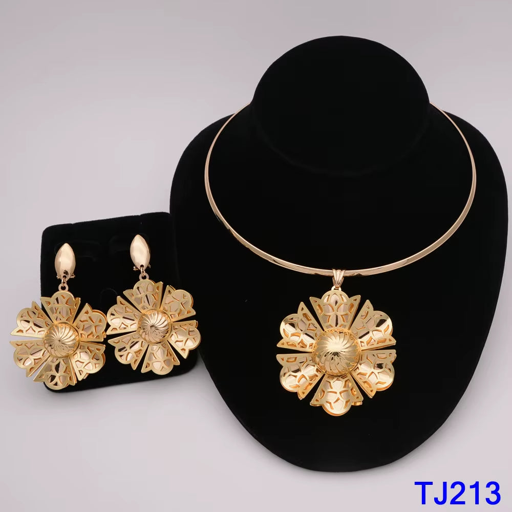 Dubai Jewelry Set for Women Yellow Gold Color Luxury Big Flower Pendant Necklace & Earrings Weddings Party African Set Accessory