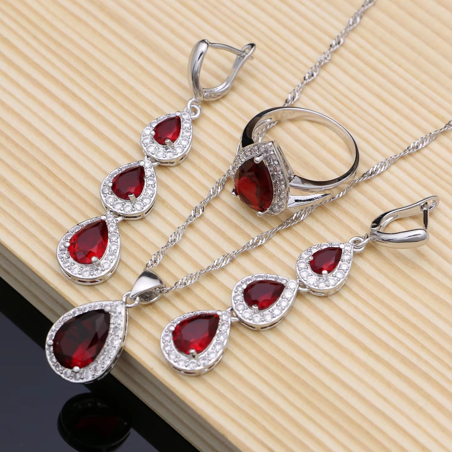 Elegant Water Drop Silver 925 Jewelry Set with Red Ruby and White Topaz for Women - Includes Long Earrings, Pendant, Necklace, Rings, and Bracelet - Dropshipping Available