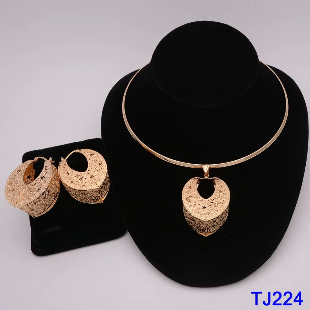 Dubai Jewelry Set for Women Yellow Gold Color Luxury Big Flower Pendant Necklace & Earrings Weddings Party African Set Accessory