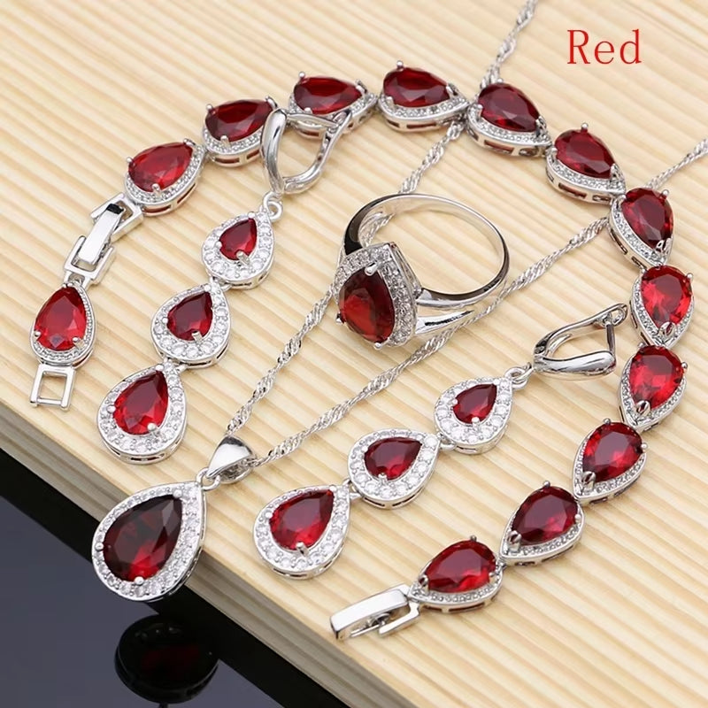 Elegant Water Drop Silver 925 Jewelry Set with Red Ruby and White Topaz for Women - Includes Long Earrings, Pendant, Necklace, Rings, and Bracelet - Dropshipping Available