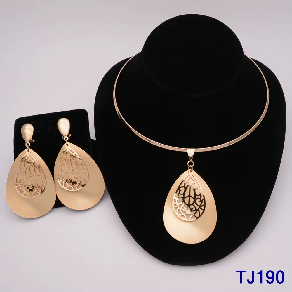 Dubai Jewelry Set for Women Yellow Gold Color Luxury Big Flower Pendant Necklace & Earrings Weddings Party African Set Accessory