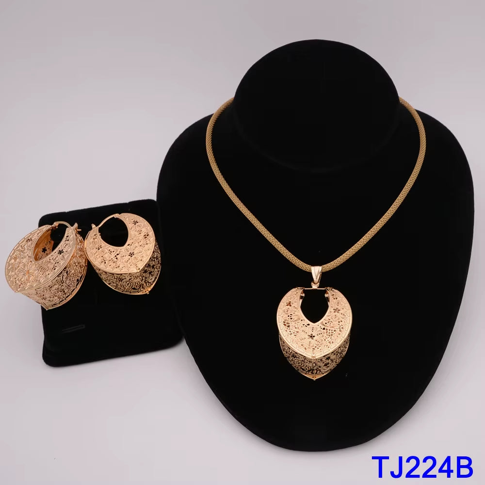 Dubai Jewelry Set for Women Yellow Gold Color Luxury Big Flower Pendant Necklace & Earrings Weddings Party African Set Accessory