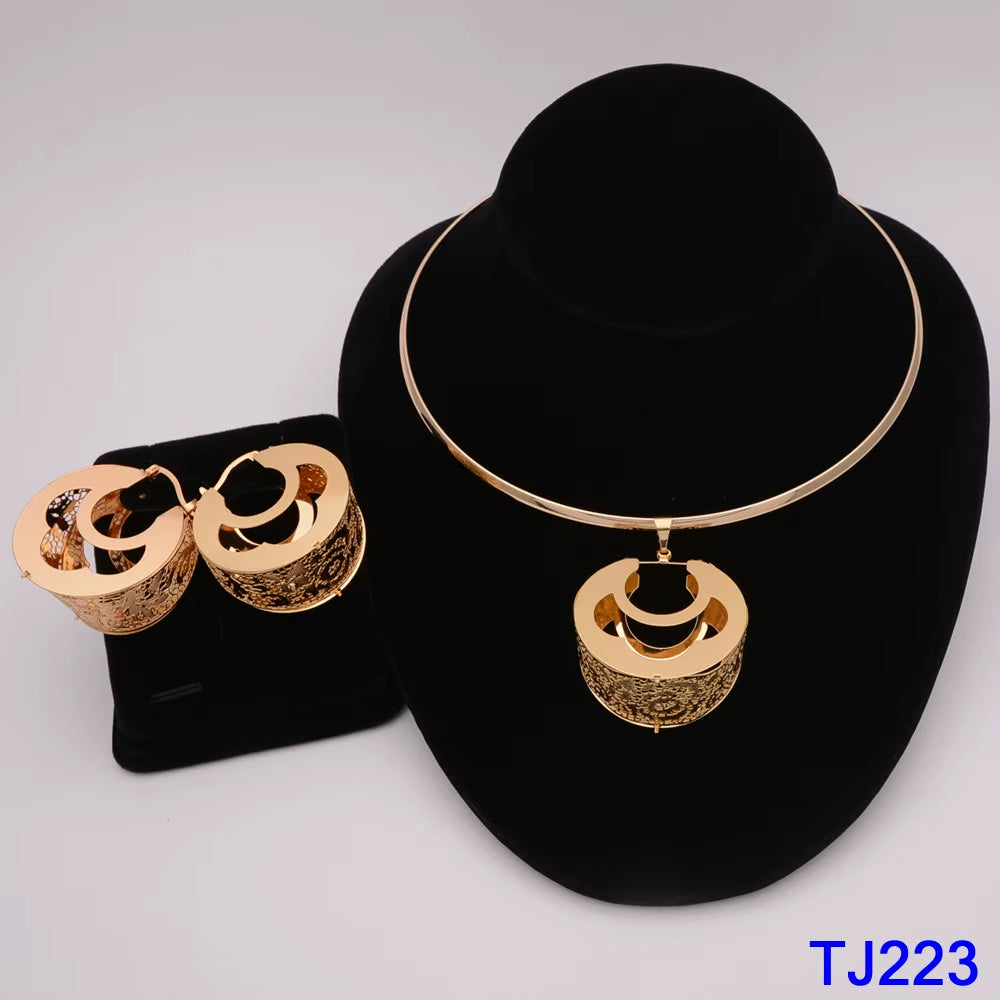 Dubai Jewelry Set for Women Yellow Gold Color Luxury Big Flower Pendant Necklace & Earrings Weddings Party African Set Accessory