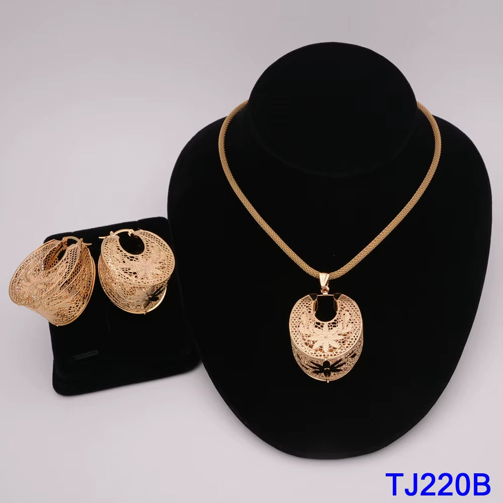 Dubai Jewelry Set for Women Yellow Gold Color Luxury Big Flower Pendant Necklace & Earrings Weddings Party African Set Accessory