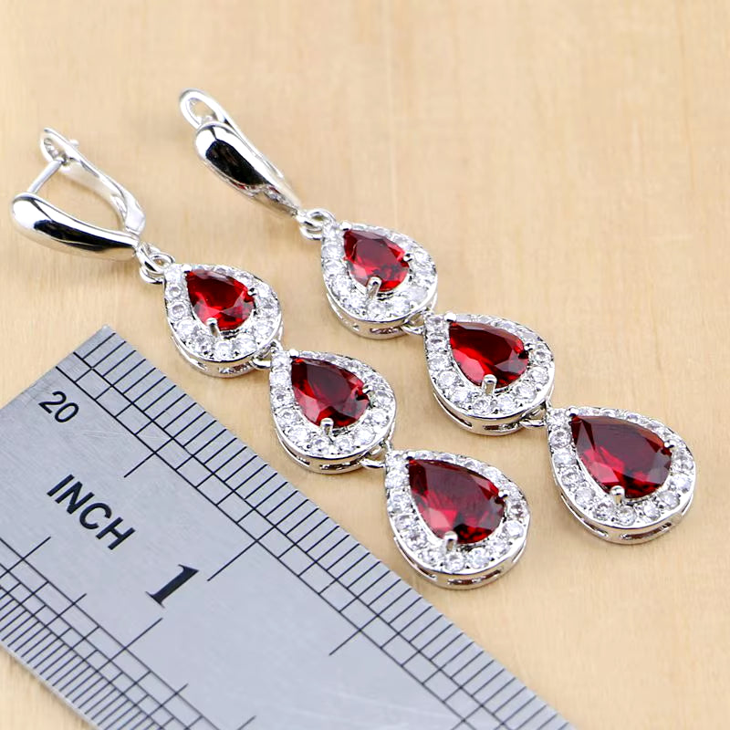 Elegant Water Drop Silver 925 Jewelry Set with Red Ruby and White Topaz for Women - Includes Long Earrings, Pendant, Necklace, Rings, and Bracelet - Dropshipping Available