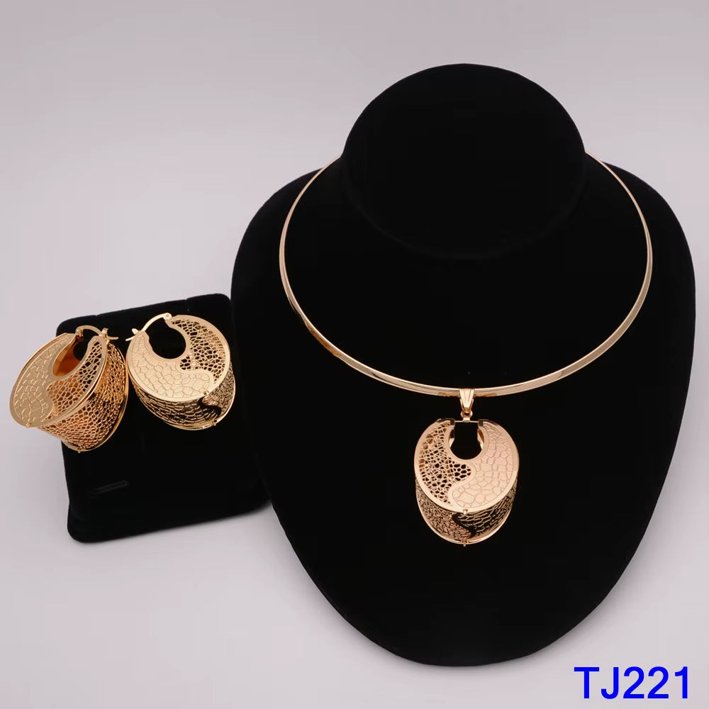 Dubai Jewelry Set for Women Yellow Gold Color Luxury Big Flower Pendant Necklace & Earrings Weddings Party African Set Accessory