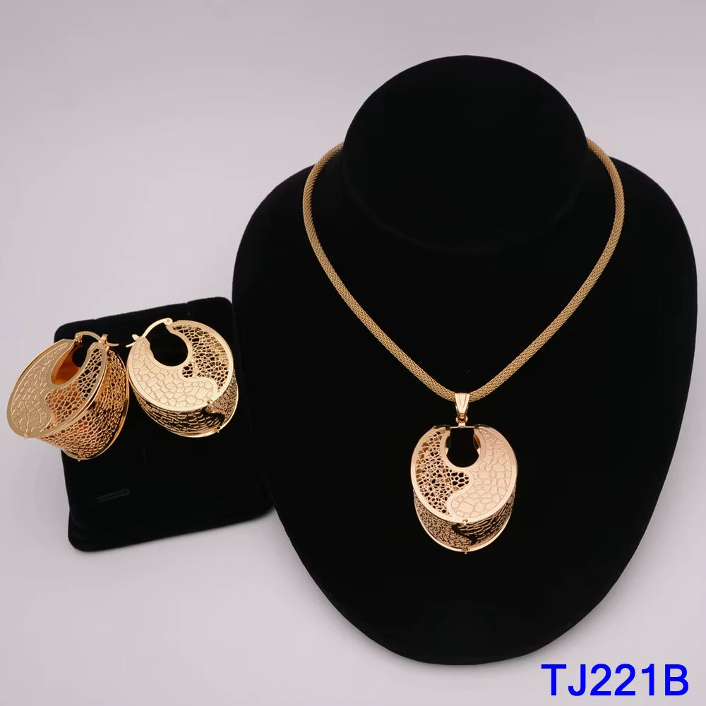 Dubai Jewelry Set for Women Yellow Gold Color Luxury Big Flower Pendant Necklace & Earrings Weddings Party African Set Accessory