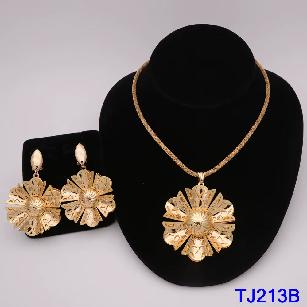 Dubai Jewelry Set for Women Yellow Gold Color Luxury Big Flower Pendant Necklace & Earrings Weddings Party African Set Accessory