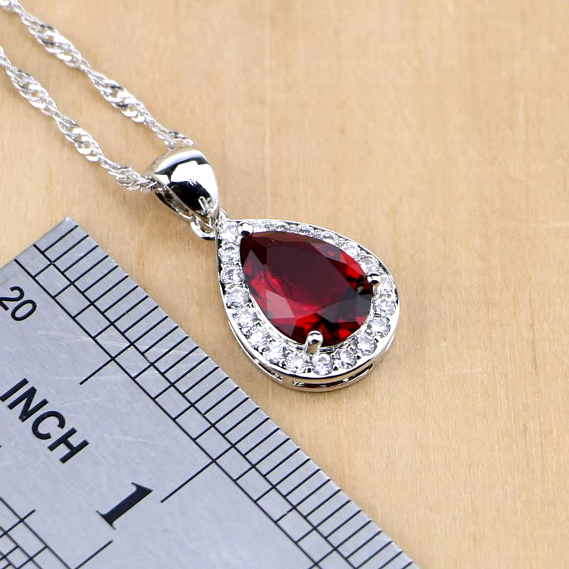 Elegant Water Drop Silver 925 Jewelry Set with Red Ruby and White Topaz for Women - Includes Long Earrings, Pendant, Necklace, Rings, and Bracelet - Dropshipping Available