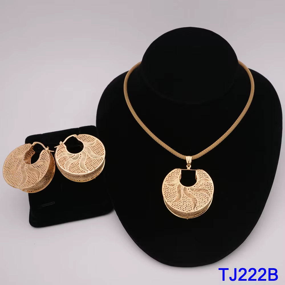 Dubai Jewelry Set for Women Yellow Gold Color Luxury Big Flower Pendant Necklace & Earrings Weddings Party African Set Accessory